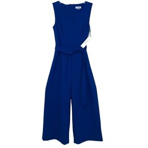 Calvin Klein Sleeveless V neck Pockets Belted Wide Leg Jumpsuit Royal Blue 4